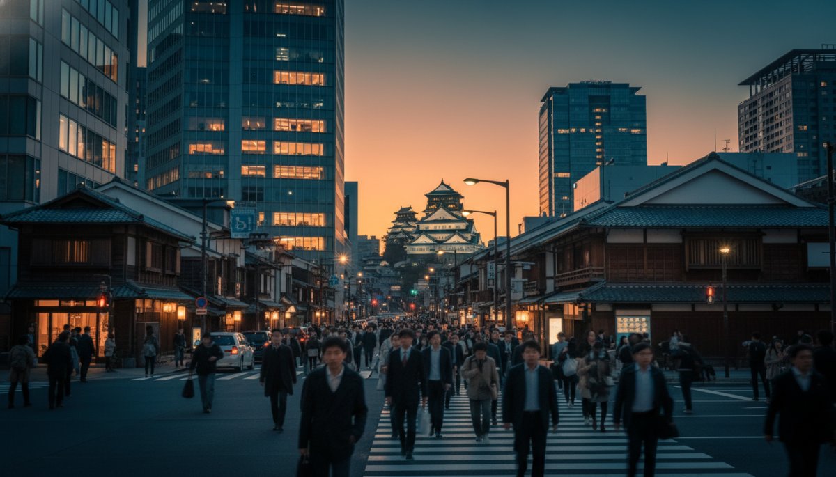 名古屋市街のビジネス街とデジタルマーケティングのイメージ