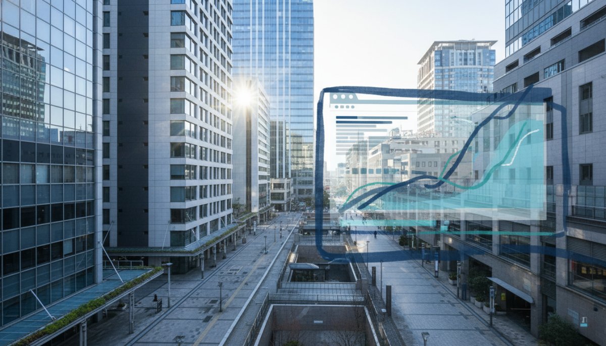 東海地方のビジネス街と検索エンジン最適化の概念図