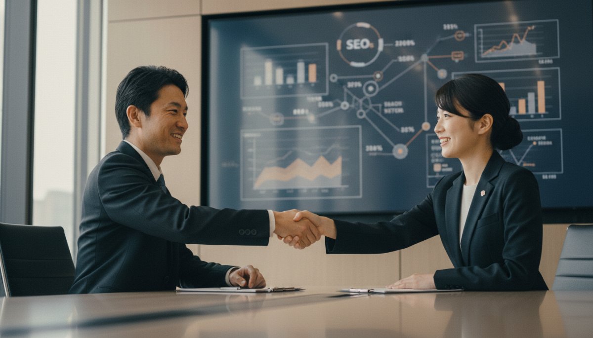 SEO会社と企業の独占契約関係を示すビジネスイメージ