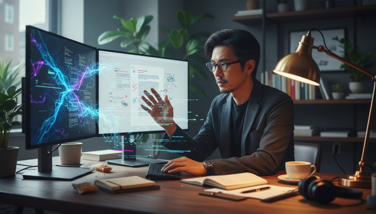 人間とAIが協力して記事を制作するイメージ