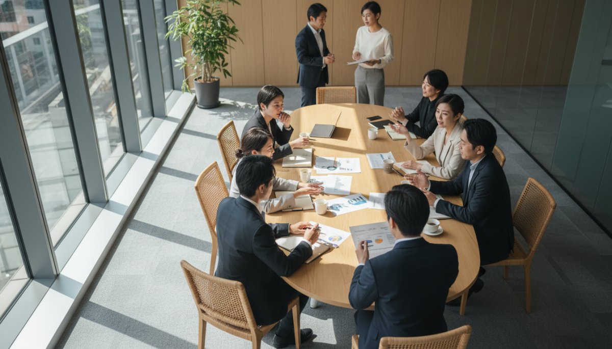 診断レポートを分析するビジネスチームのミーティング風景